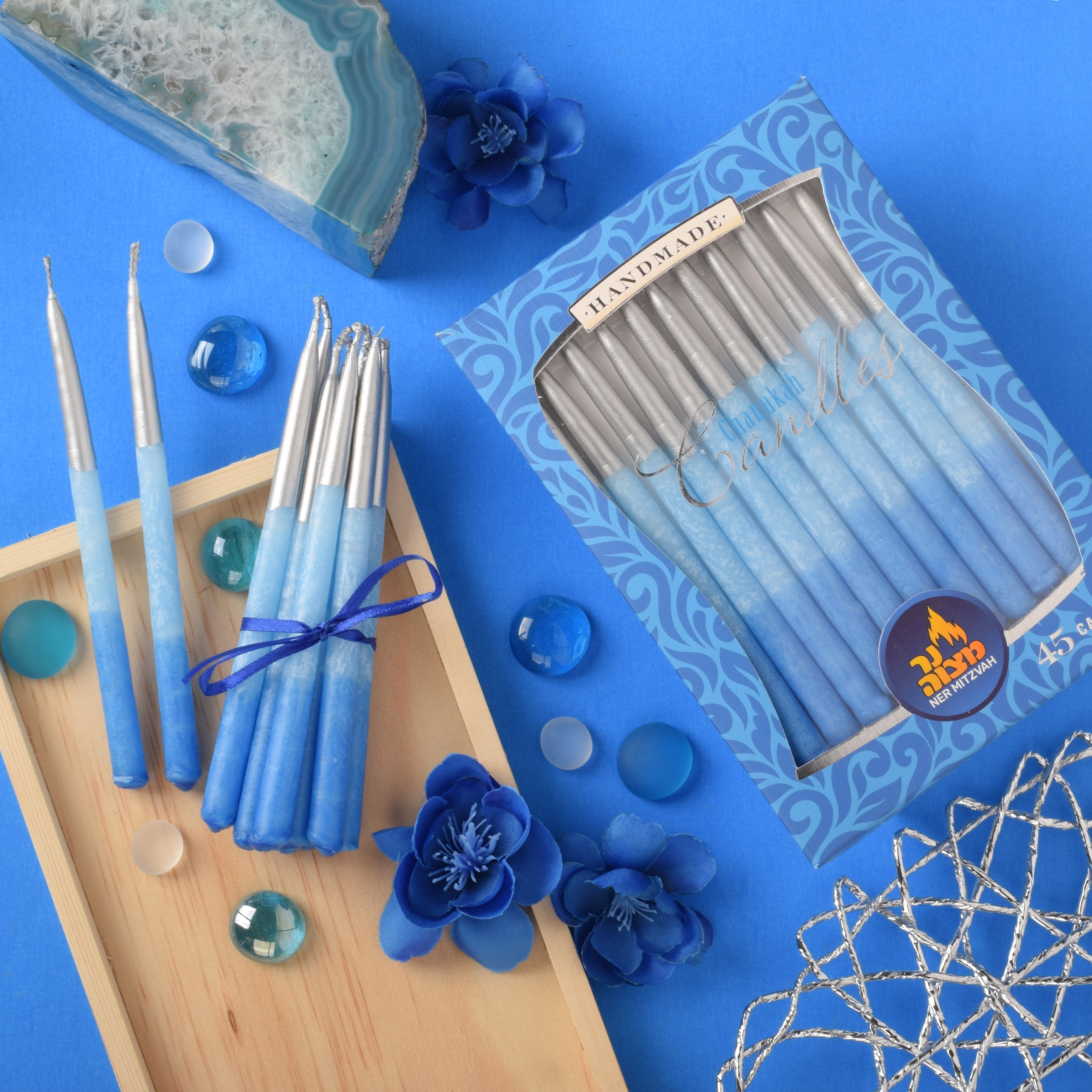 Decorated Blue With Silver Tip Chanukah Candle 45pk.