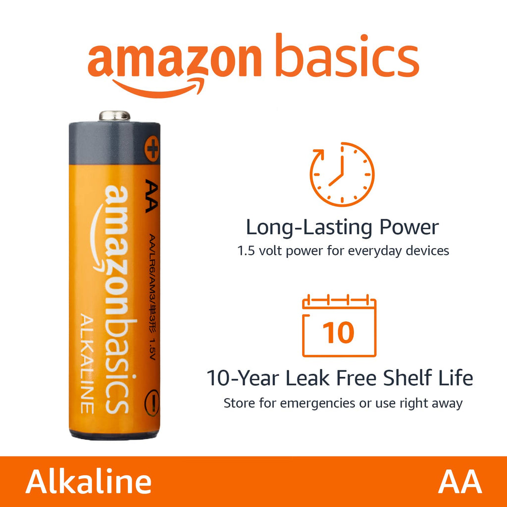 Amazon Basics 20-Pack AA Alkaline Batteries, 1.5 Volt, 10-Year Leak-Free Shelf Life, for Everyday and Household Devices