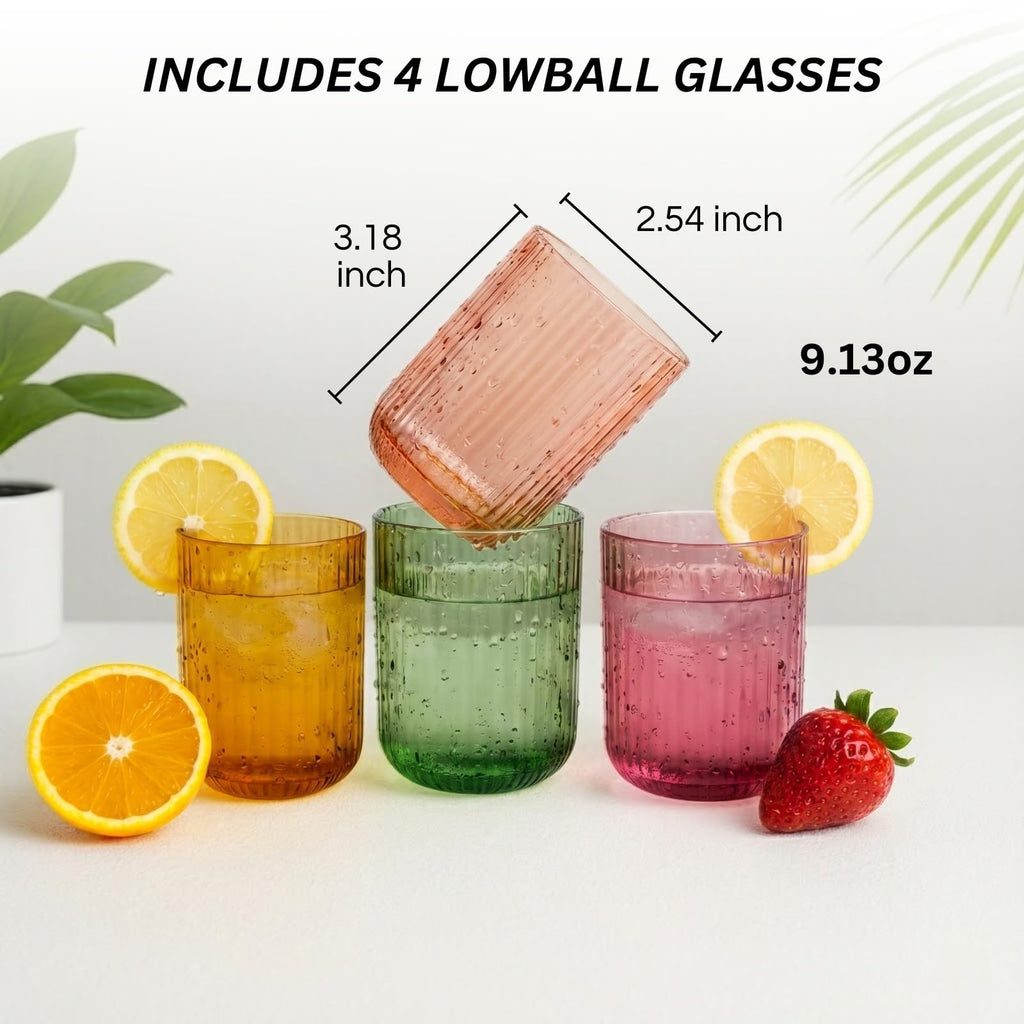 Set of 8 Ribbed Glasses - 4 Highball Glasses & 4 Lowball