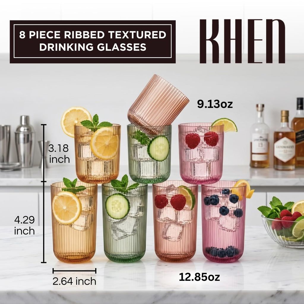 Set of 8 Ribbed Glasses - 4 Highball Glasses & 4 Lowball