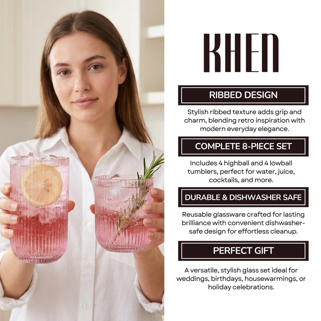 Set of 8 Ribbed Glasses - 4 Highball Glasses & 4 Lowball
