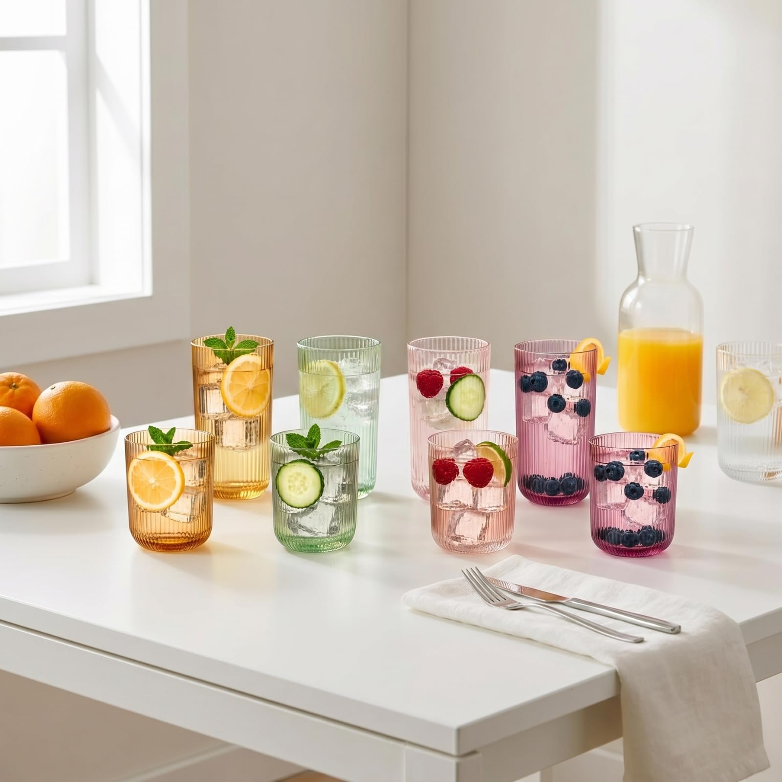 Set of 8 Ribbed Glasses - 4 Highball Glasses & 4 Lowball