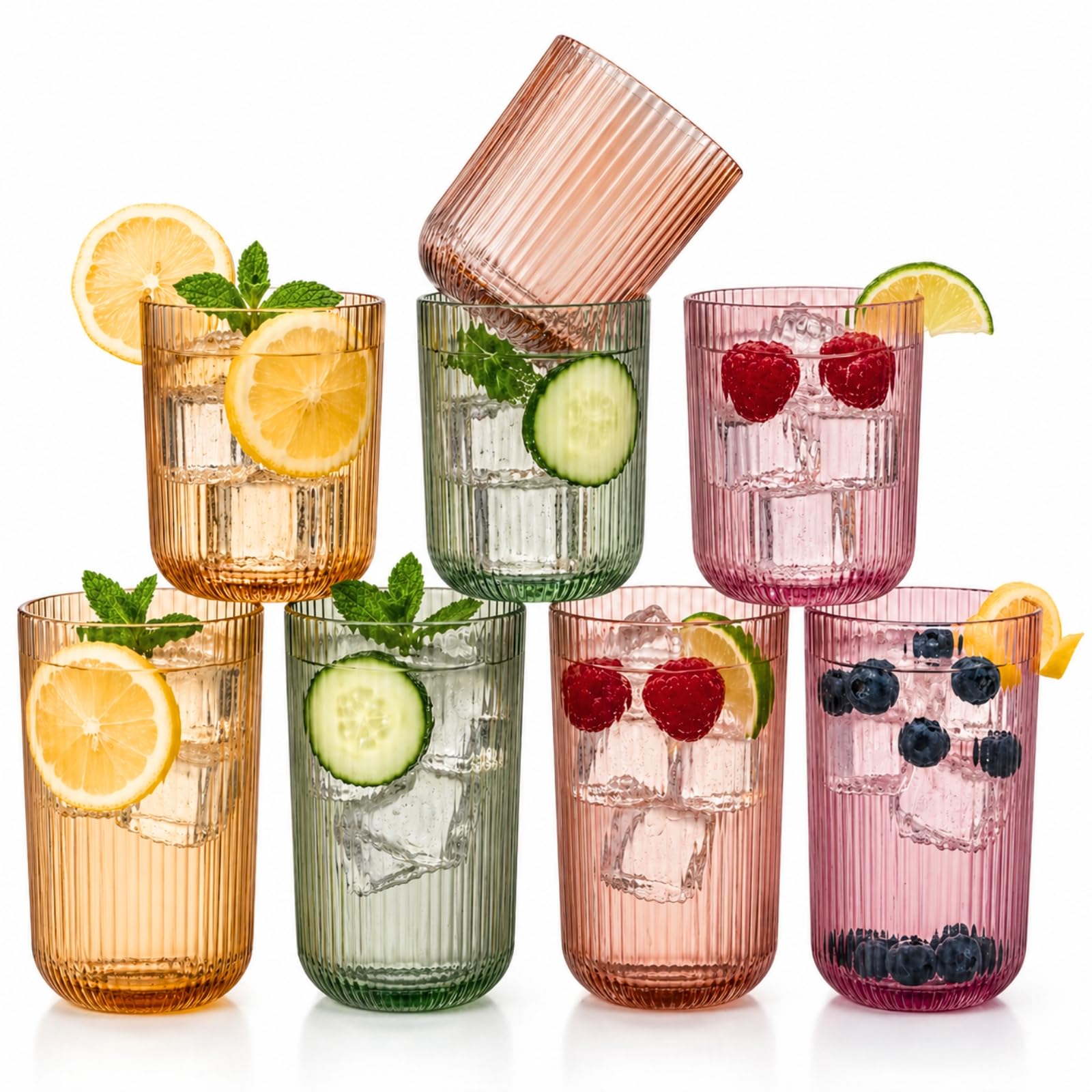 Set of 8 Ribbed Glasses - 4 Highball Glasses & 4 Lowball